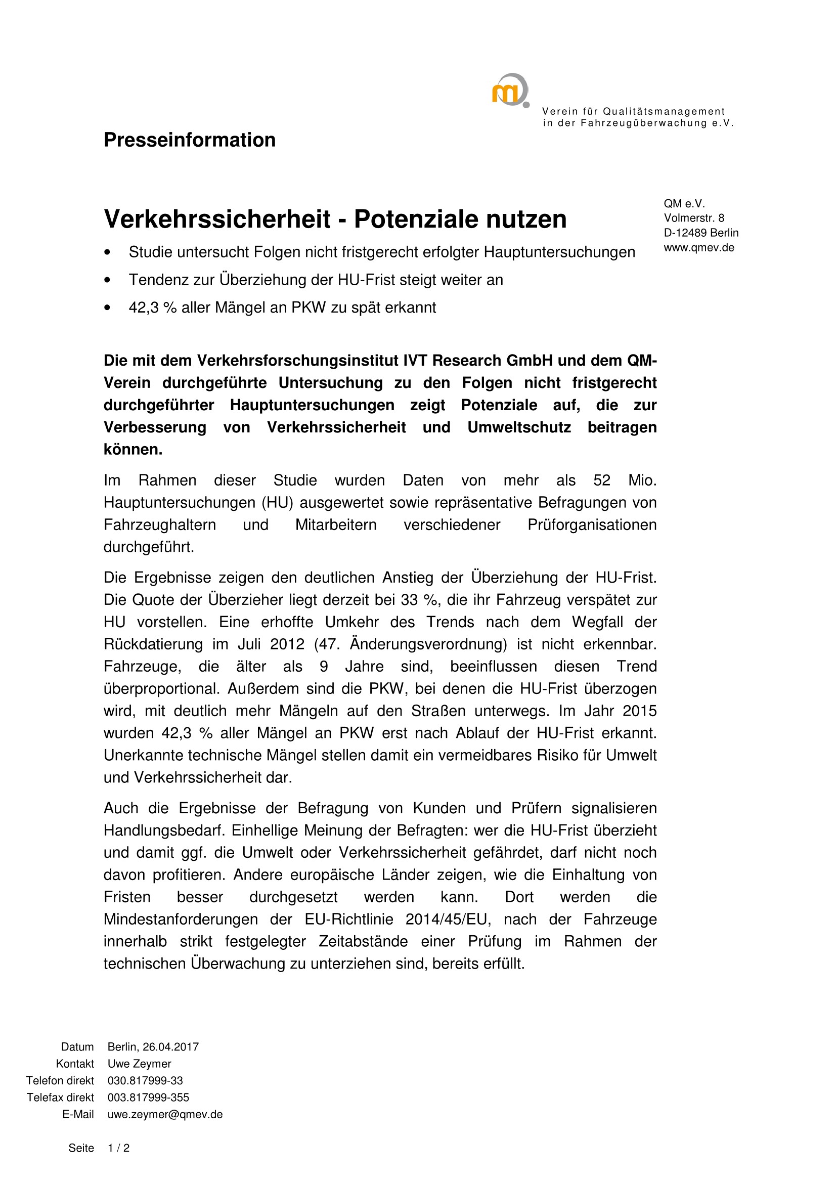 QM Presseinformation 04/2017: Verkehrssicherheit - Potenziale nutzen